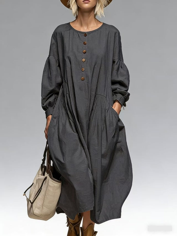 Women's Casual Midi Dress with Button Placket, Balloon Sleeves and Side Pockets Mune Fashion