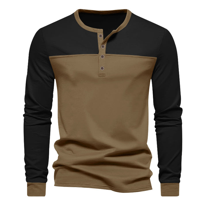 Men's long-sleeved Henley shirt with contrasting yoke, short button placket, and ribbed cuffs Mune Fashion