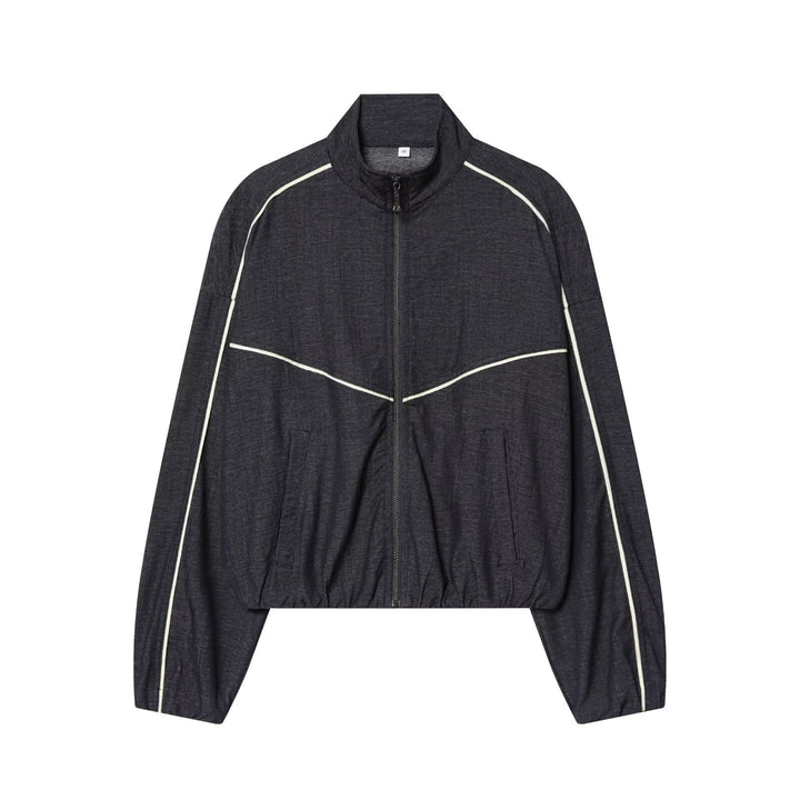 Women's Cropped Track Jacket with Stand Collar and Contrast Piping Mune Fashion