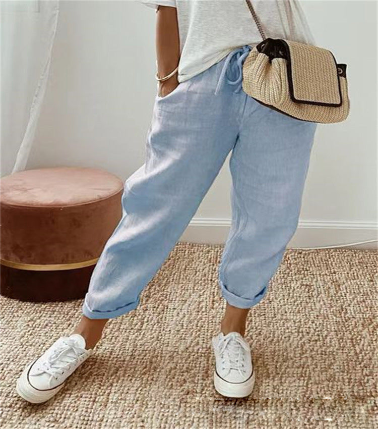 Women's lightweight linen pants with drawstring, loose pleat fit, and rolled ankle hem Mune Fashion