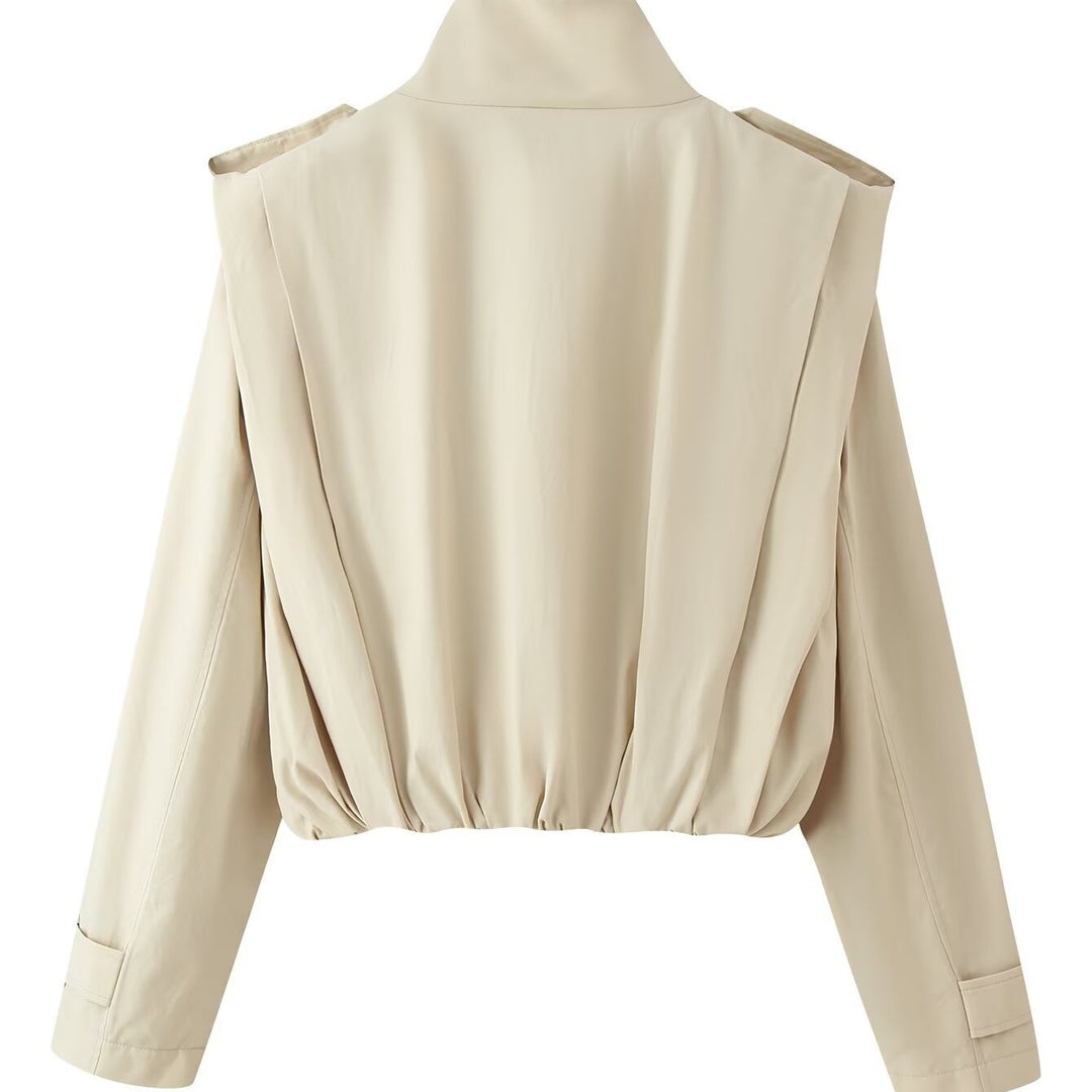 Women's short trench-style jacket, double-breasted with high stand-up collar and waist smocking Mune Fashion