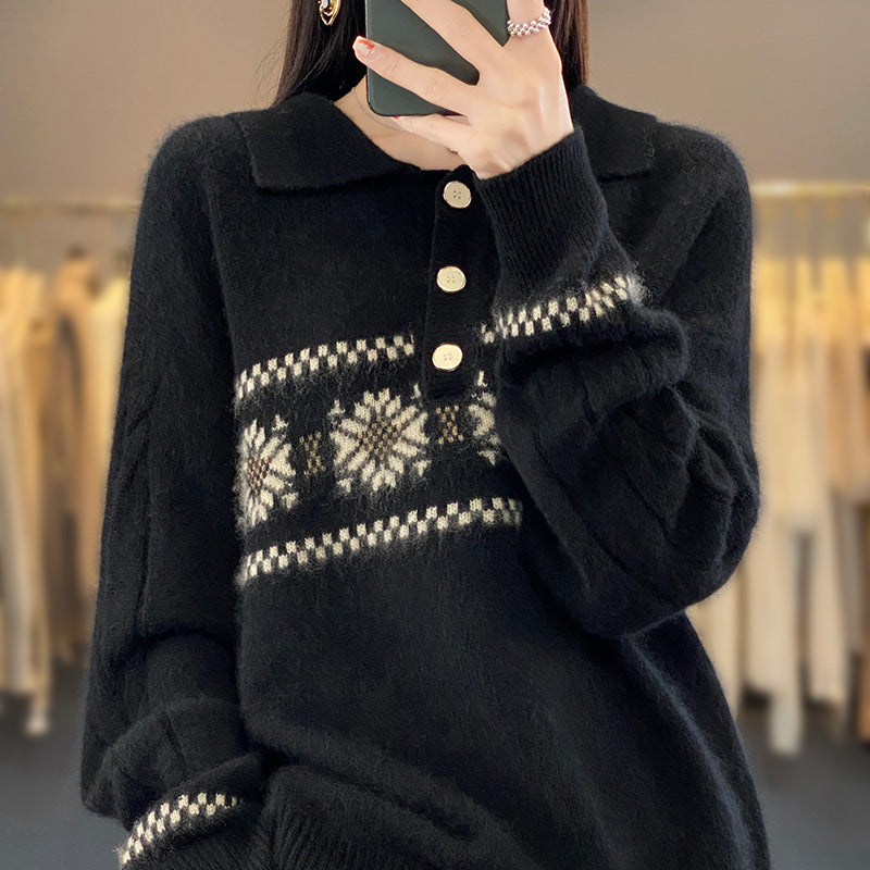 Women Oversize Polo Collar Knit Sweater with Norwegian Pattern and Raglan Sleeves Mune Fashion