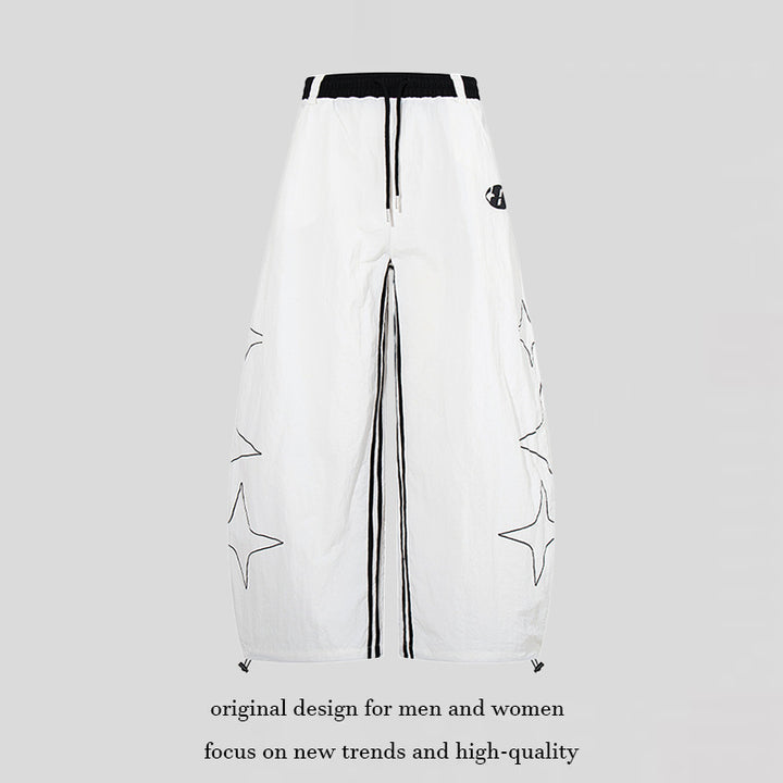 Women's Extra Wide Palazzo Pants with Drawstring Waistband, Side Star Print and Contrast Zipper Mune Fashion