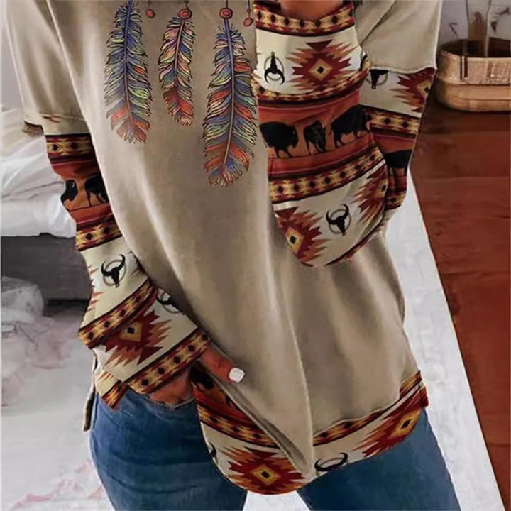 Women's long sleeve shirt in patchwork quilt design with soft round neck and contrasting cuffs Mune Fashion