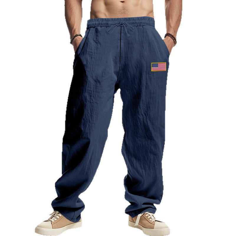 Men's Maritime Relaxed-Fit Linen-Look Casual Pants with Drawstring & Flag Patch Mune Fashion