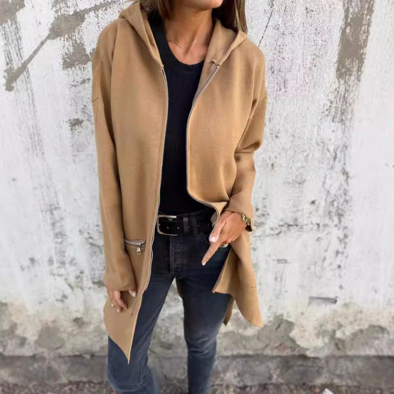 Women's Mid-Length Coat with Full Zipper and Zipper Pocket Details Mune Fashion