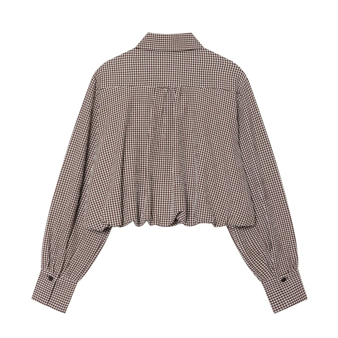 Women's Checkered Cropped Shirt Blouse with Balloon Sleeves, Breast Pocket and Elastic Hem Mune Fashion