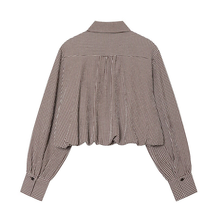 Women's Checkered Cropped Shirt Blouse with Balloon Sleeves, Breast Pocket and Elastic Hem Mune Fashion