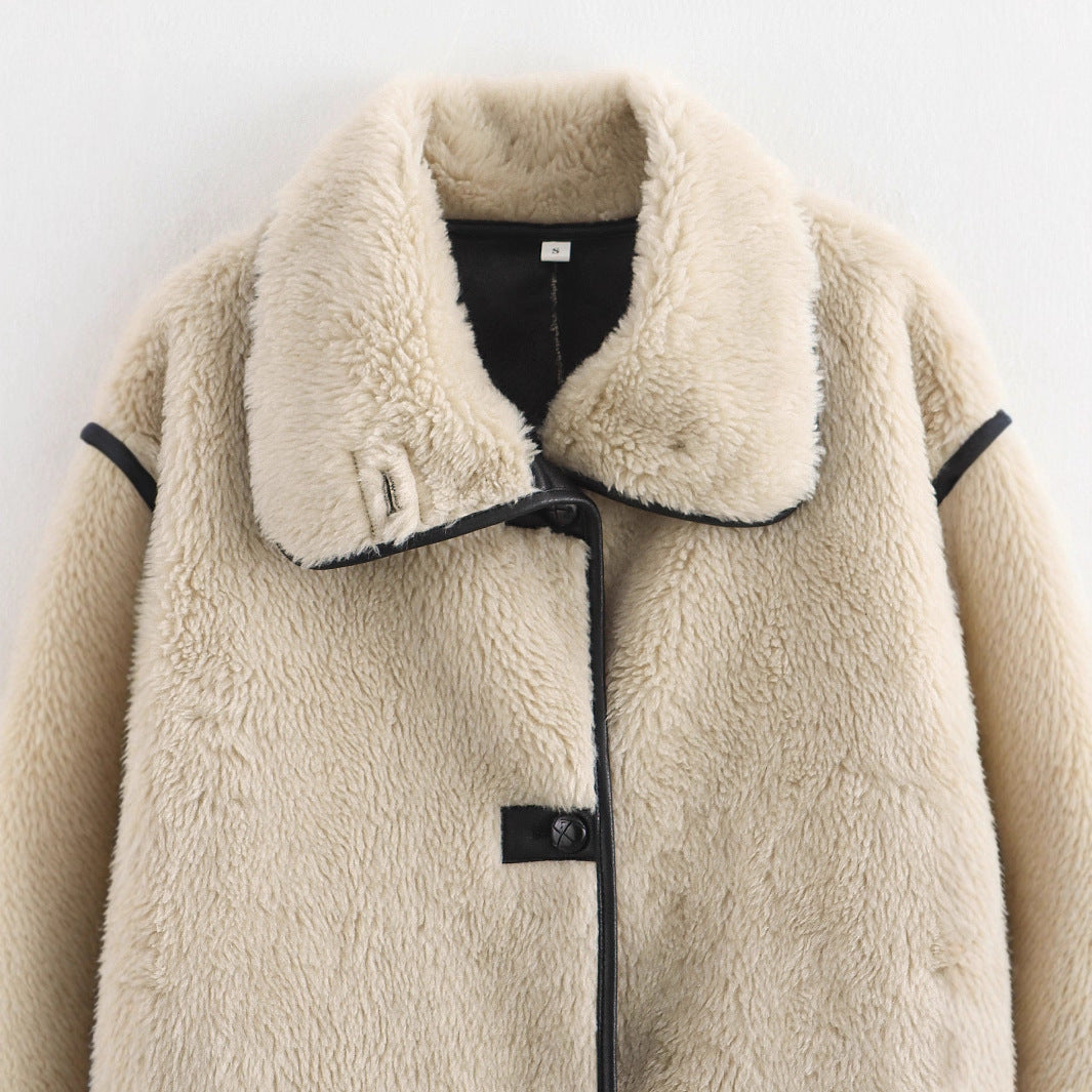 Women Short Cut Faux Fur Field Coat with Oversized Shawl Collar and Contrasting Piping Mune Fashion