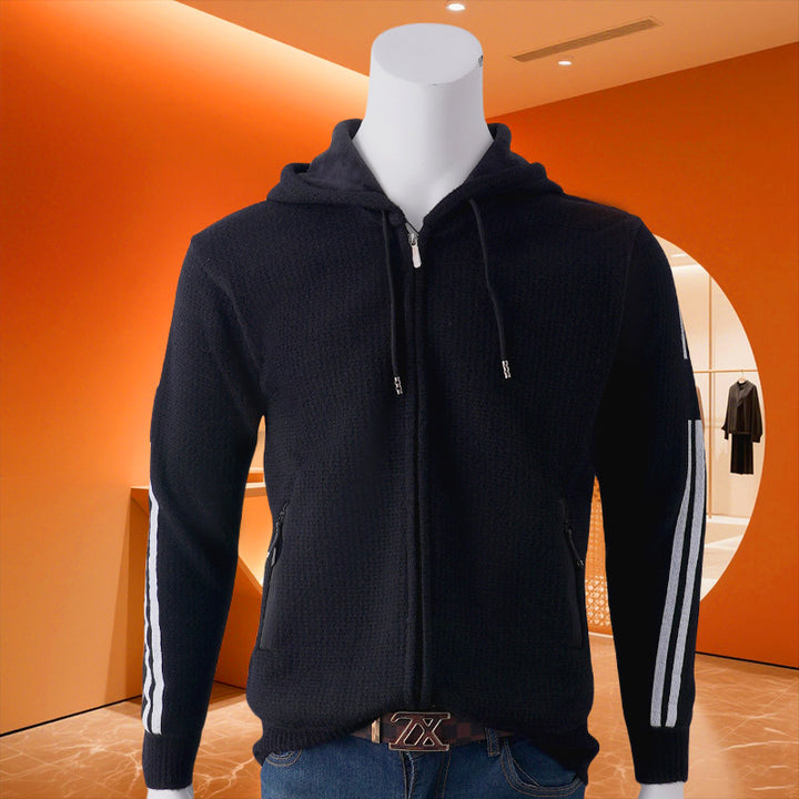 Men's hooded sweat jacket with zipper, textured knit, side pockets and contrast stripes Mune Fashion