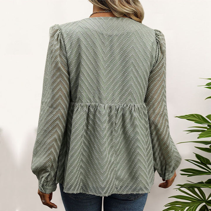 Women's Chiffon Peplum Blouse with Chevron Structure, Ruched Empire Waist & Button Placket Mune Fashion