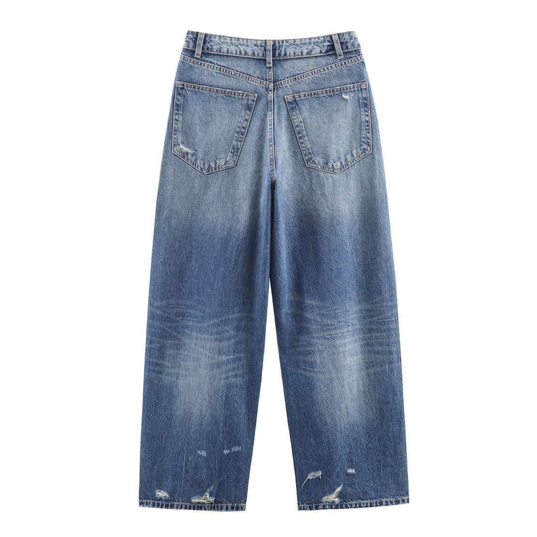 Women's wide jeans with a high waistband worn look straight leg and fringe rips Mune Fashion
