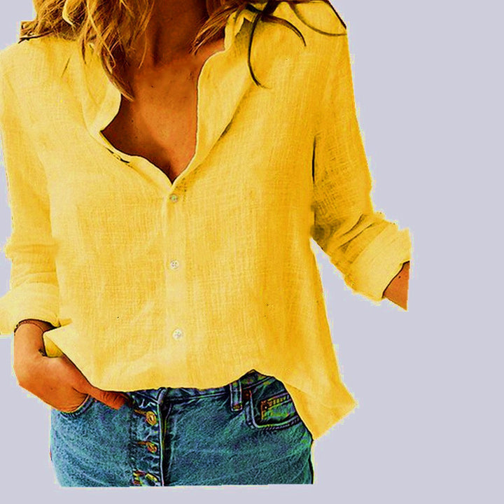 Women's loose linen blouse with star print V-neck buttoned front Mune Fashion