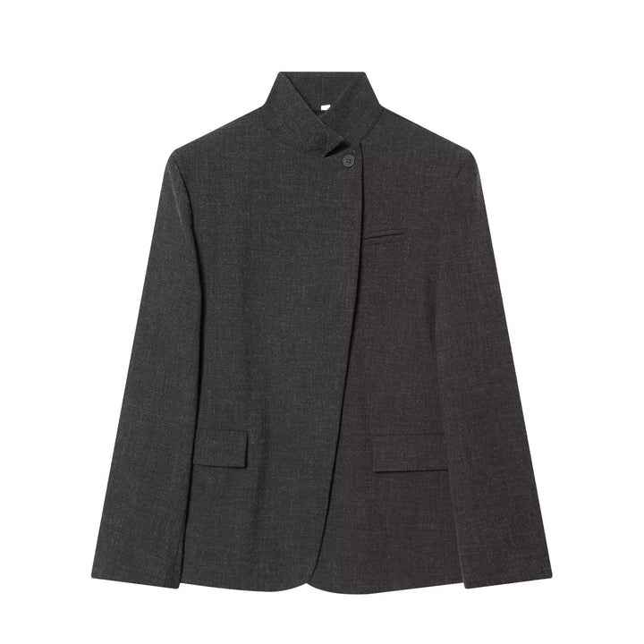 Women's Tailored Checked Blazer with Stand Collar and Concealed Button Placket Mune Fashion