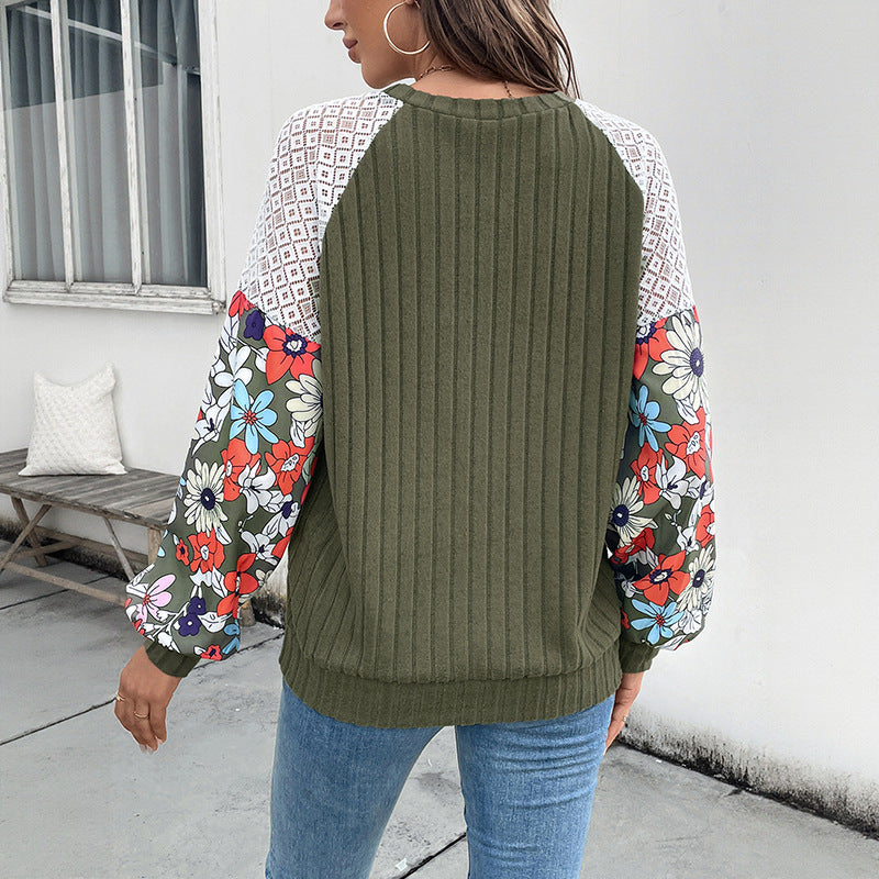 Women's Ribbed Sweater with Crochet Shoulder Inserts and Floral Balloon Sleeves Mune Fashion