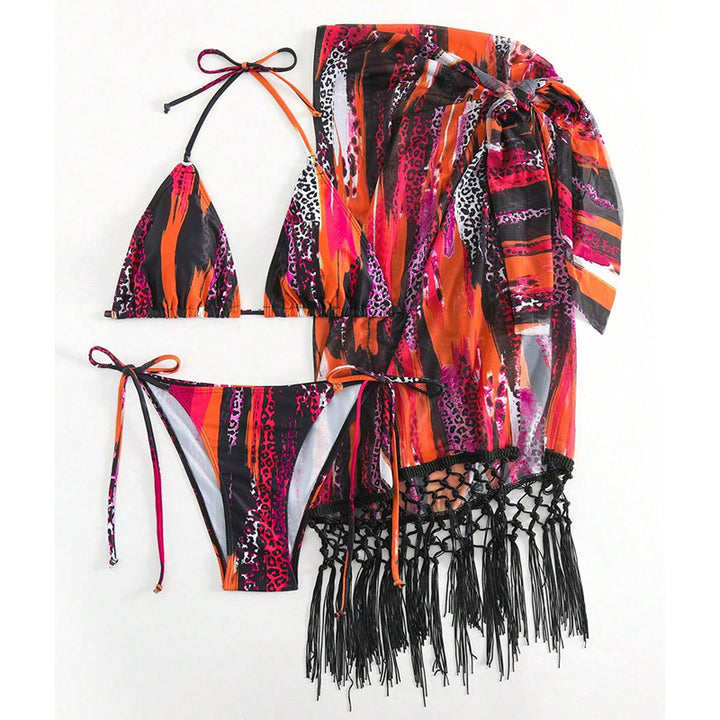 Women's bikini set with playful pattern and fringed pareo Mune Fashion