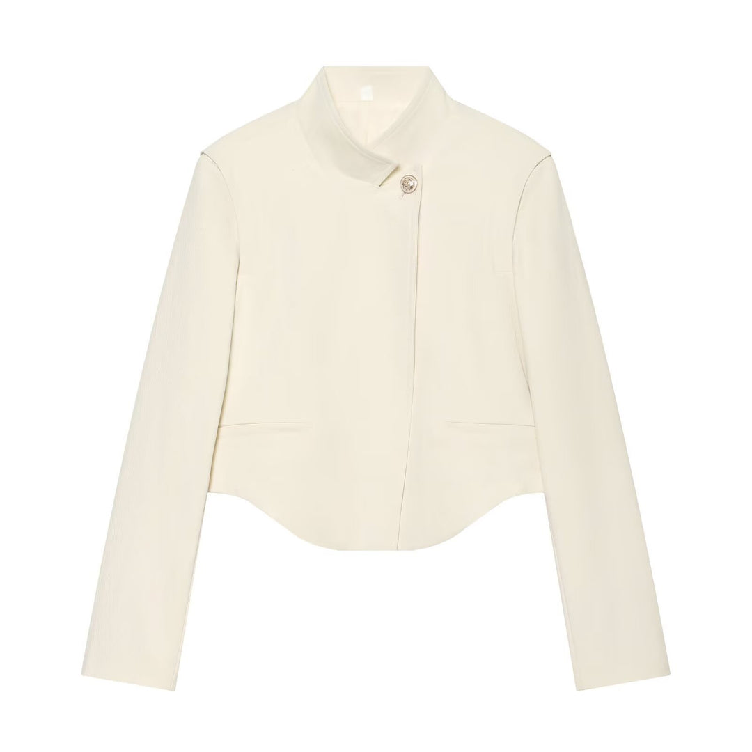 Ladies short blazer with stand-up collar, asymmetrical hem and seam pockets Mune Fashion