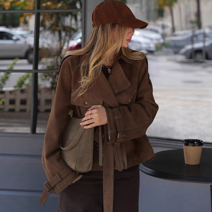 Women's Short Cut Suede Trench Coat with Waist Belt and Adjustable Cuffs Mune Fashion