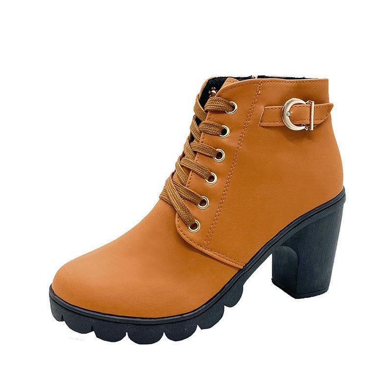Women's elegant lace-up ankle boots with mid-block heel, grooved rubber sole, and decorative metal buckle Mune Fashion