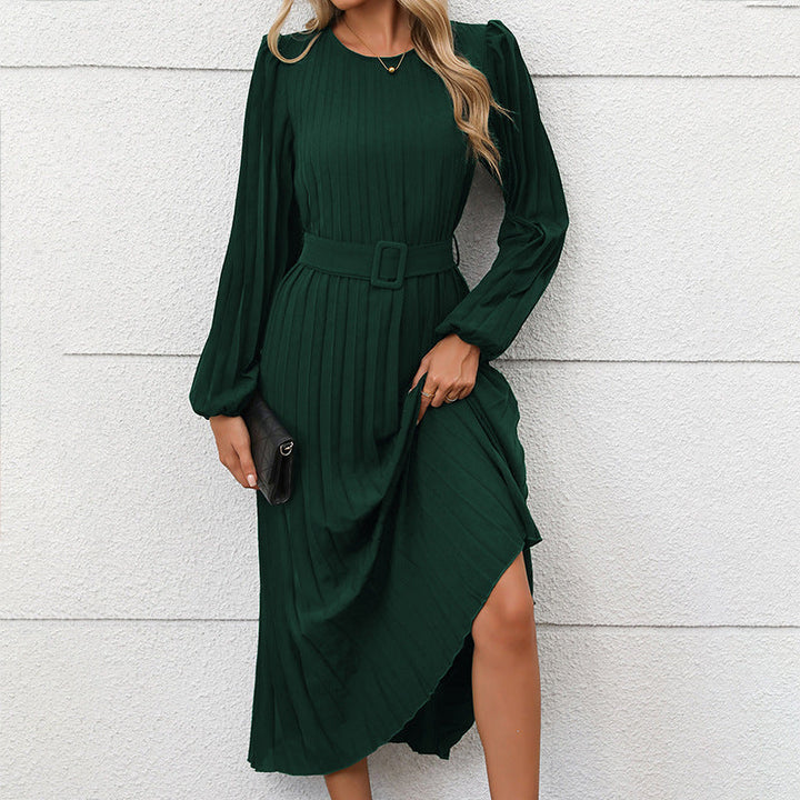 Women’S Pleated Dress with Waist Belt and Long Sleeves Mune
