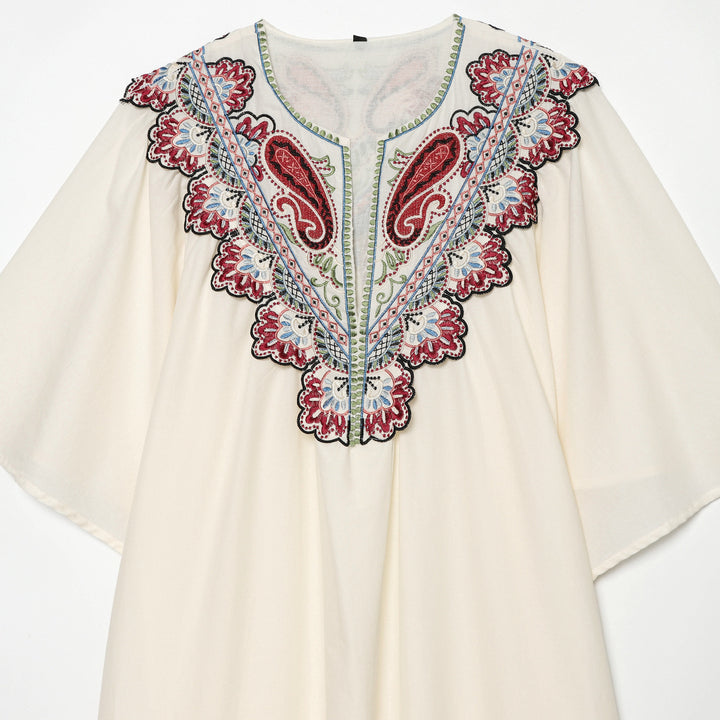 Women's Embroidered Kaftan Dress with V-Neck and Wide Batwing Sleeves Mune Fashion