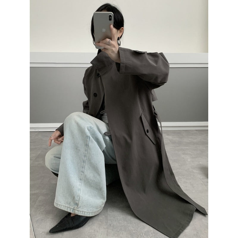 Women Mid-length Trench Coat with High Stand Collar, Tie Belt and Casual Oversize Silhouette Mune Fashion