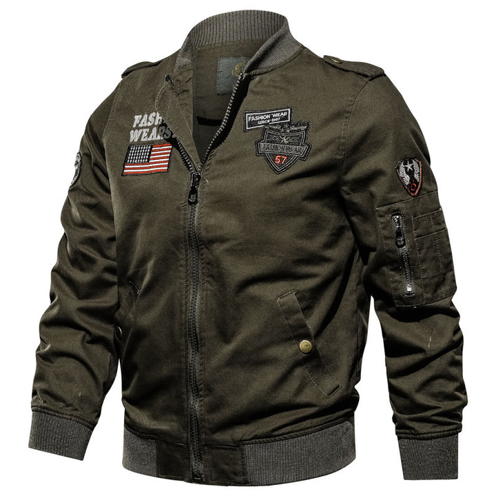 Men's military-inspired bomber jacket with patch and embroidery details, arm pocket and ribbed cuffs Mune Fashion