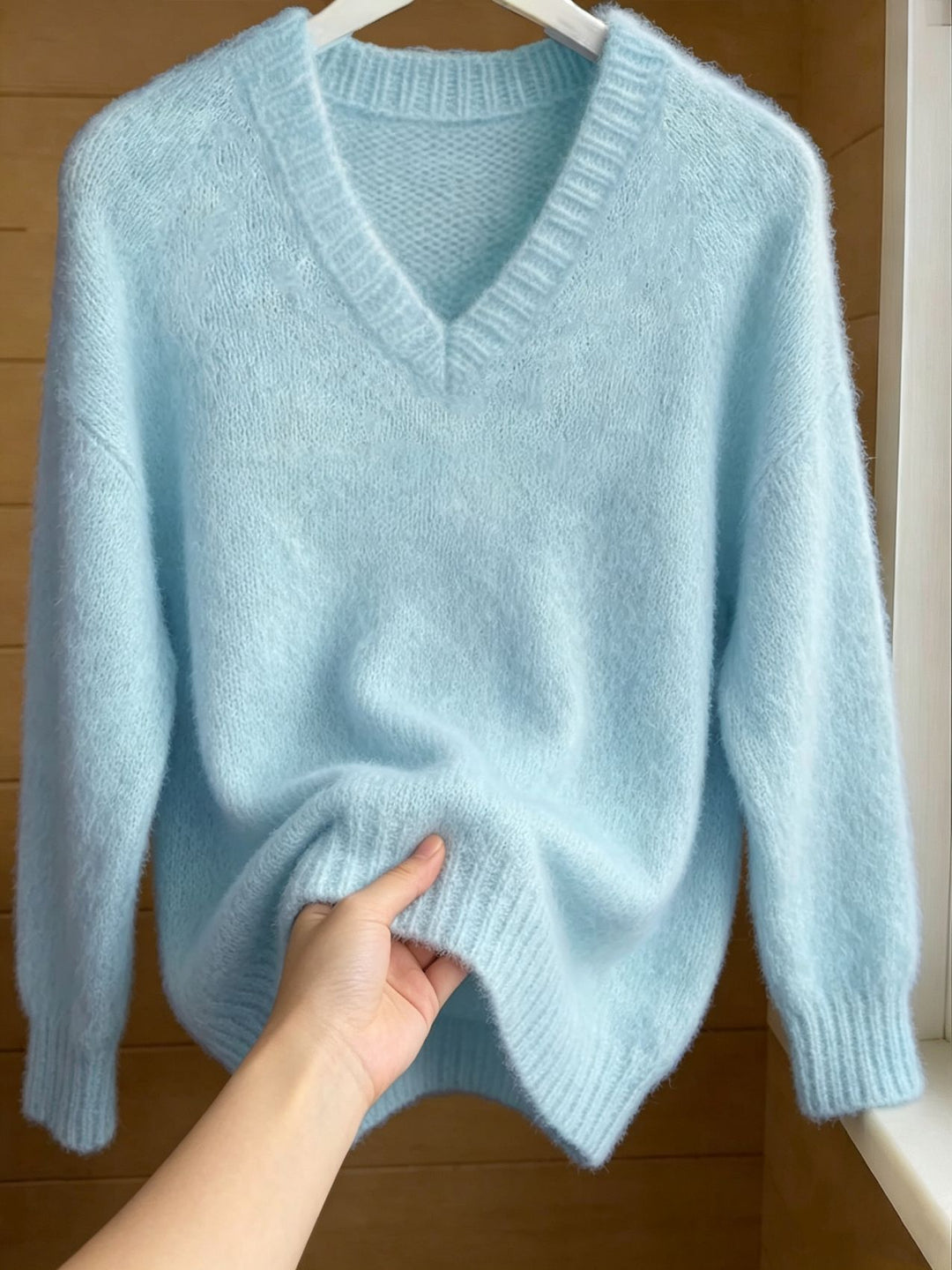 Women Fluffy Mohair-Mix Oversize Sweater with Deep V Neck Mune Fashion
