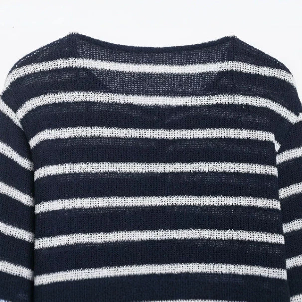 Women Striped Fine Knit Sweater with Back Buttons and Boat Neck Mune Fashion