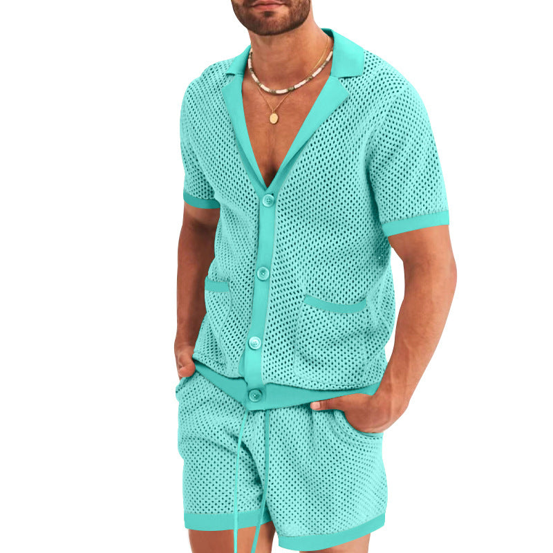 Men's open mesh knit cardigan with matching drawstring shorts Mune Fashion