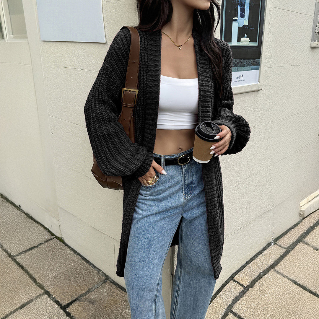 Women's long chunky knit cardigan with open front and balloon sleeves Mune Fashion
