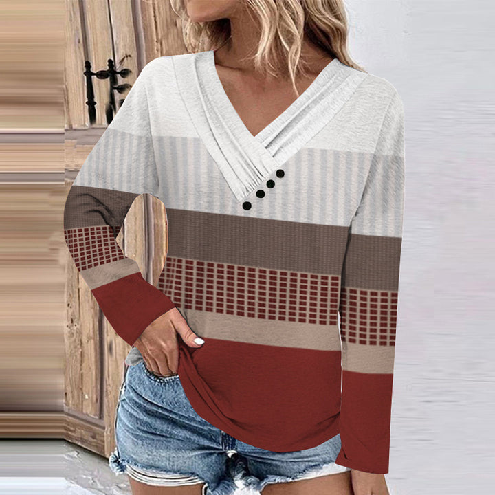 Women's Ribbed V-Neck Sweater with Gradient, Decorative Buttons and Relaxed Fit Mune Fashion