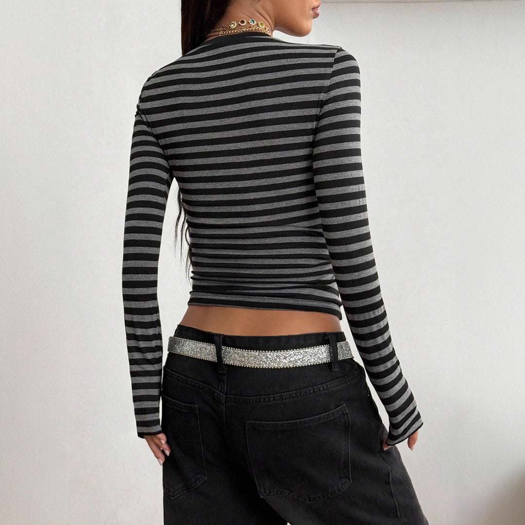 Women's Fitted Long Sleeve Shirt with Deep V-Neck and Fine Striped Pattern Mune Fashion
