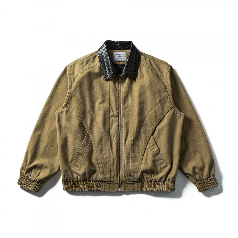 Men's Boxy Denim Blouson Jacket with Quilted Leather Collar and Elastic Cuffs Mune Fashion