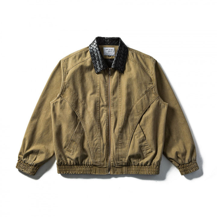 Men's Boxy Denim Blouson Jacket with Quilted Leather Collar and Elastic Cuffs Mune Fashion