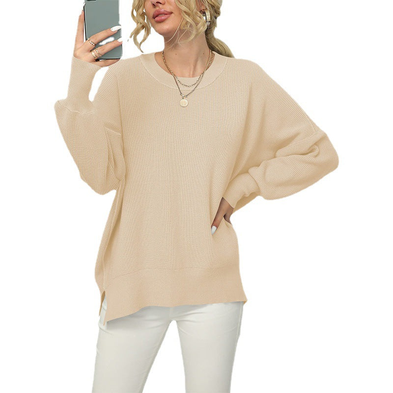 Women's Oversized Fine Knit Sweater with Round Neck, Dropped Shoulder and Side Slits Mune Fashion