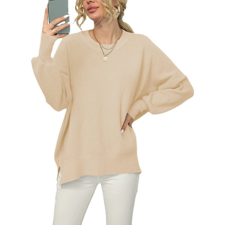 Women's Oversized Fine Knit Sweater with Round Neck, Dropped Shoulder and Side Slits Mune Fashion