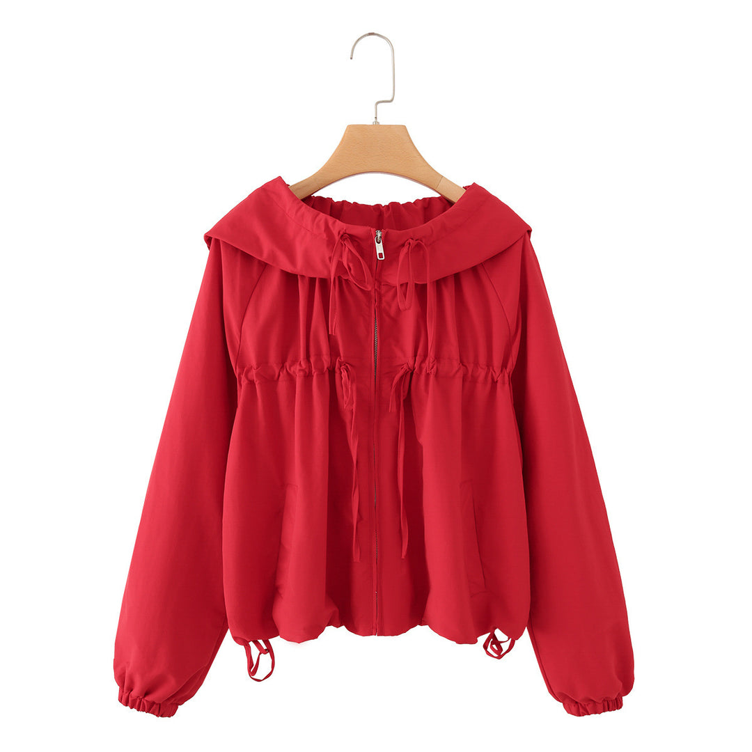 Women Lightweight Hooded Jacket with Drawstring, Adjustable Cord and Zipper Mune Fashion