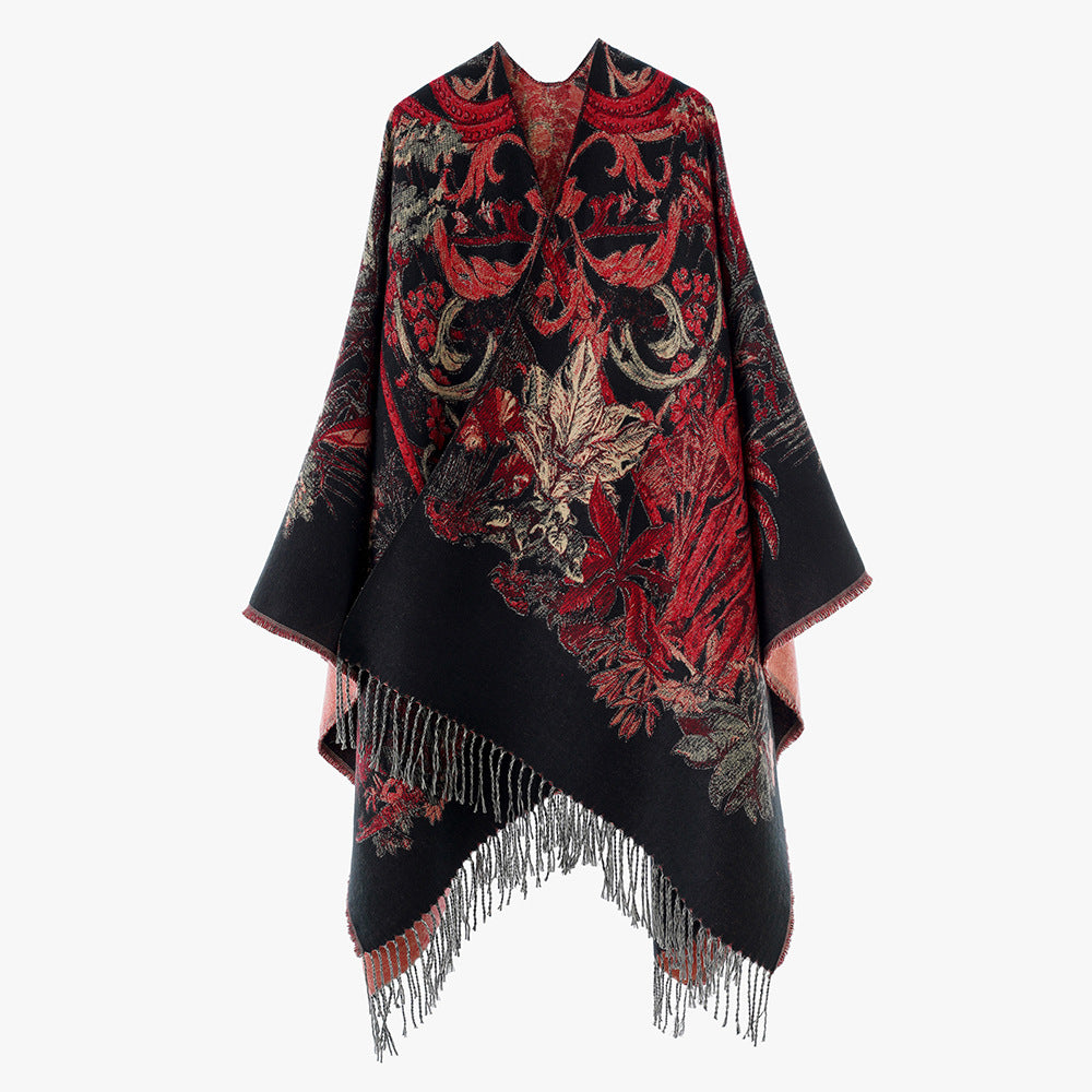 Women Ornamental Jacquard Cape‑Style Throw with Fringed Hem Mune Fashion
