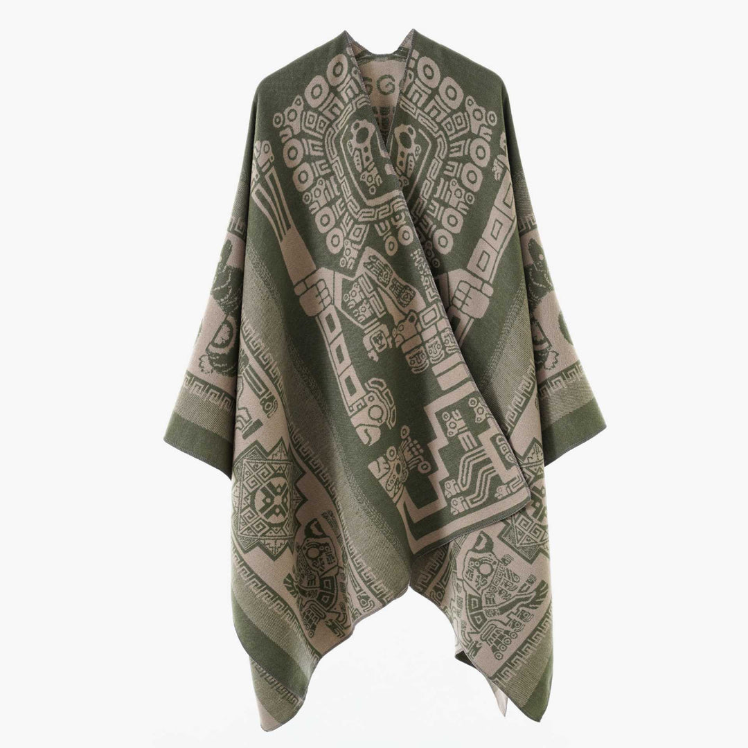 Women's Oversize Jacquard Wrap Cape with Geometric Aztec Pattern Mune Fashion