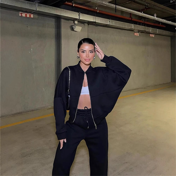 Women's oversized zip-up jacket with wide high-waist lounge pants set Mune Fashion