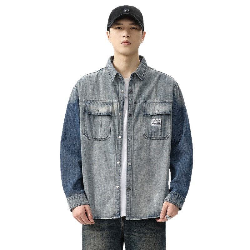 Men's overshirt made of denim with contrast sleeves and light used wash Mune Fashion