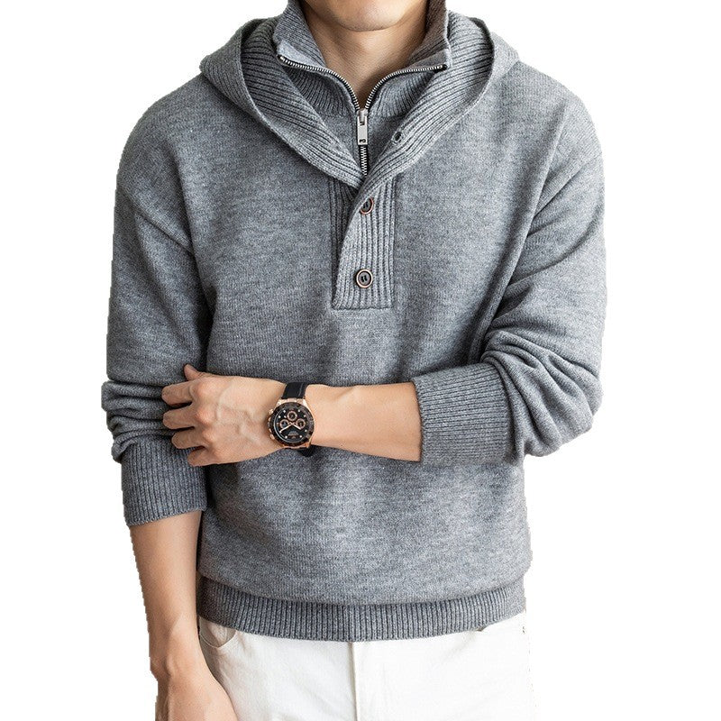 Men's fine knit hooded pullover with half zipper and button placket Mune Fashion