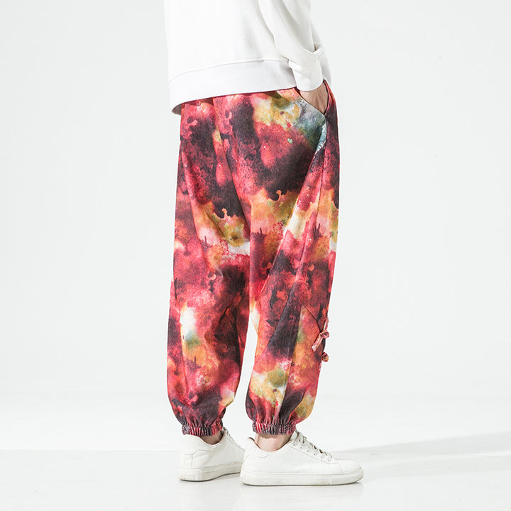 Men's Tie-Dye Baggy Jogging Pants with Drawstring, Elastic Cuffs and Decorative Straps Mune Fashion