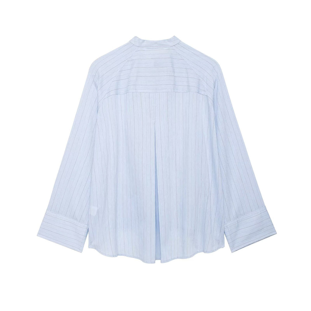 Women Oversize Shirt Blouse with Stand-Up Collar, Asymmetrical Button Placket and High Hem Mune Fashion