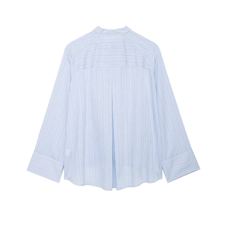 Women Oversize Shirt Blouse with Stand-Up Collar, Asymmetrical Button Placket and High Hem Mune Fashion