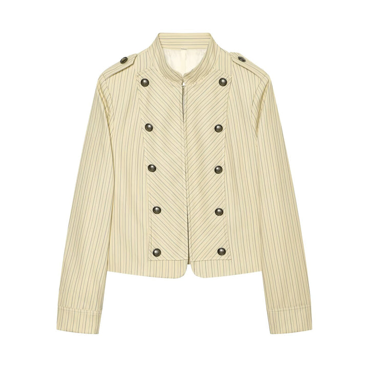 Ladies Short Double-Breasted Military Jacket with Stand-up Collar and Epaulettes Mune Fashion