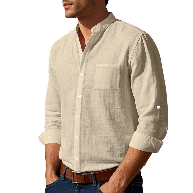 Men's light linen shirt with stand-up collar and patch chest pocket in regular fit Mune Fashion