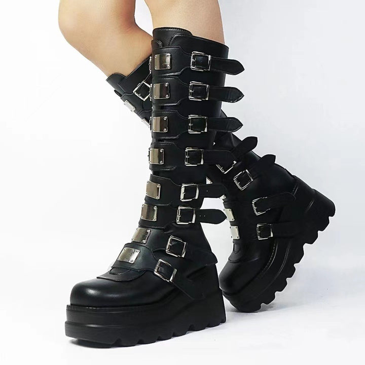 Women's platform knee-high gothic biker boots with multiple buckles and metal plates Mune Fashion
