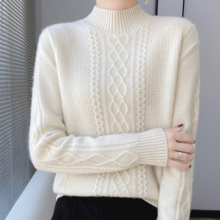 Women's Soft Cable Knit Mock Neck Sweater with Light Mohair Effect Mune Fashion